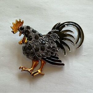 (3 for 20) New Fashion Jewelry Gold and Black Rhinestone Rooster Brooch